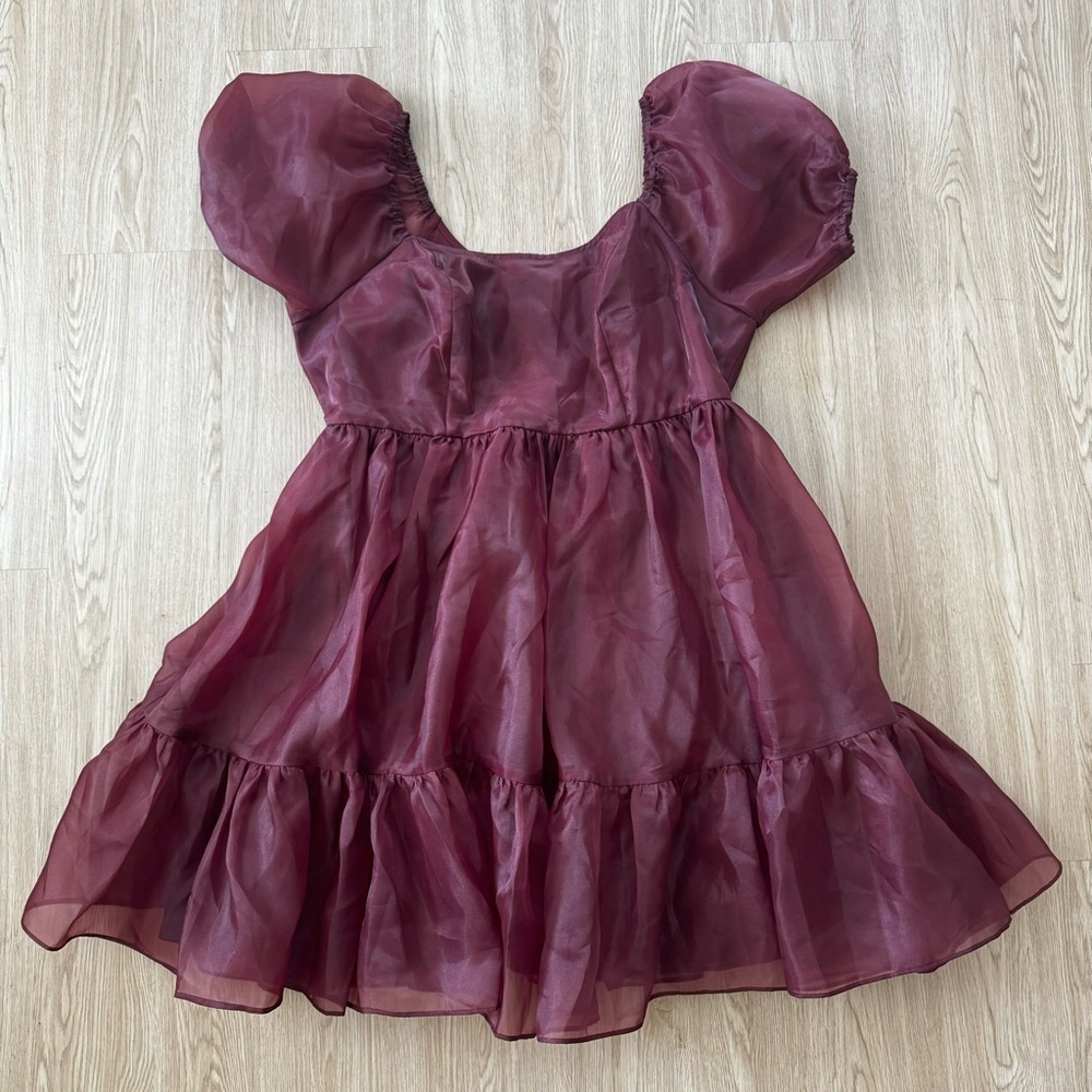 Burgundy organza puff sleeve baby doll style dress nwot - Picture 4 of 4